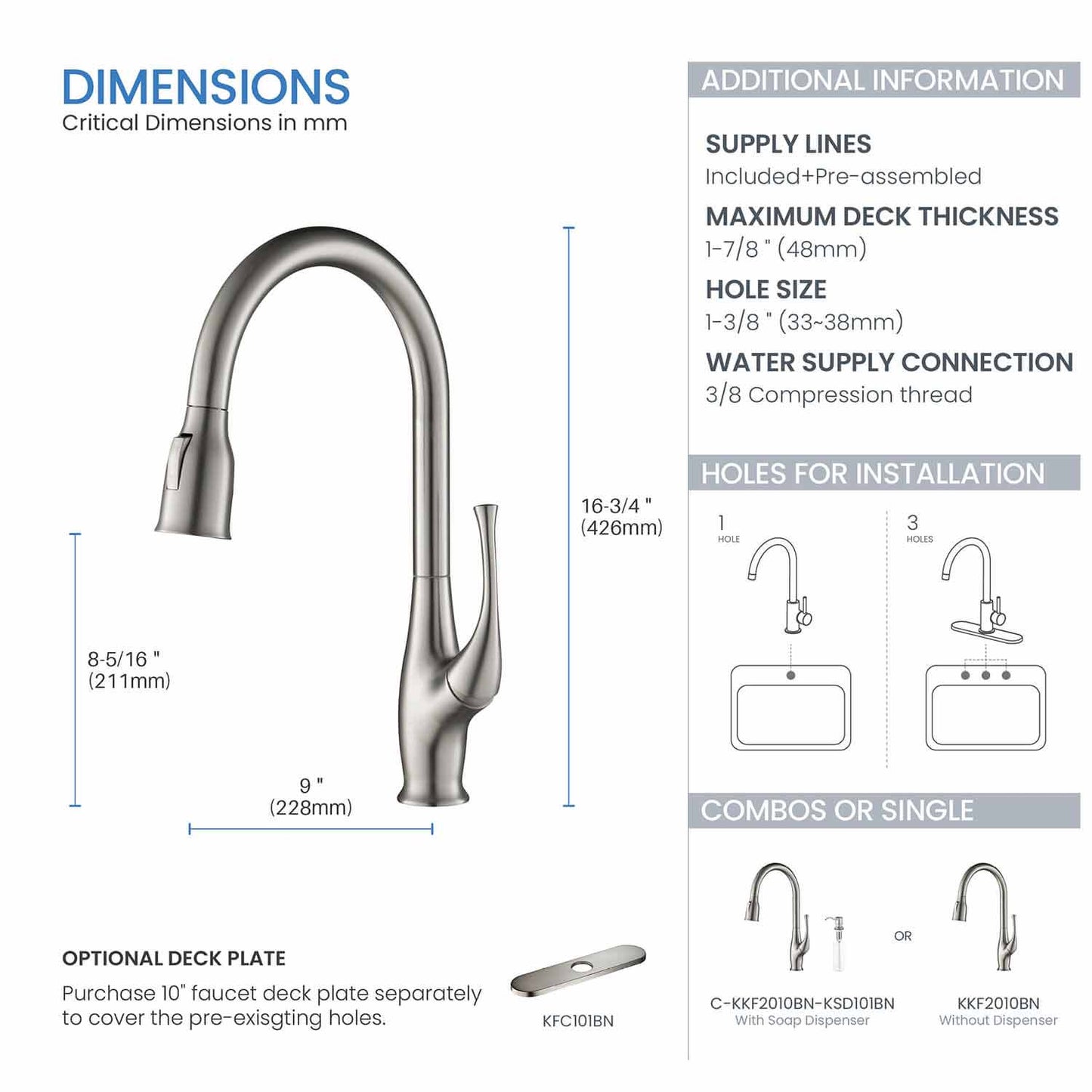 Kibi Cedar Single Handle High Arc Pull Down Kitchen Faucet With Soap Dispenser in Brushed Nickel Finish - C-KKF2010BN-KSD101BN