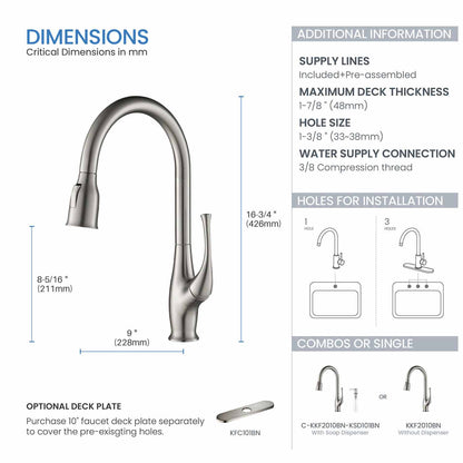 Kibi Cedar Single Handle High Arc Pull Down Kitchen Faucet With Soap Dispenser in Brushed Nickel Finish - C-KKF2010BN-KSD101BN