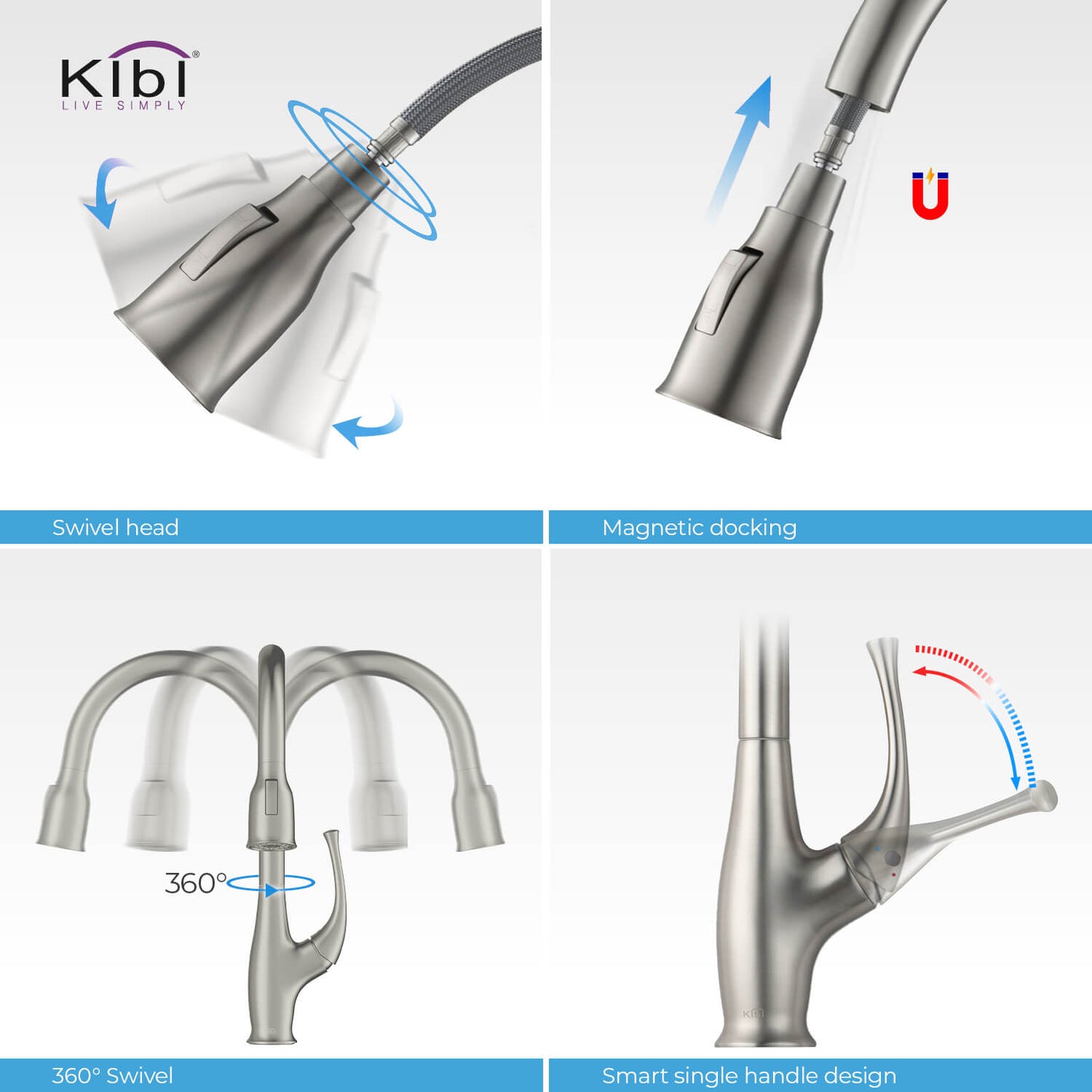 Kibi Cedar Single Handle High Arc Pull Down Kitchen Faucet With Soap Dispenser in Brushed Nickel Finish - C-KKF2010BN-KSD101BN