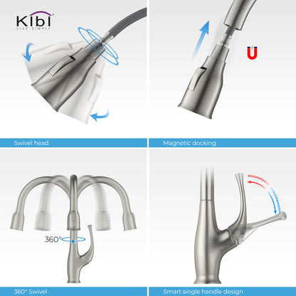 Kibi Cedar Single Handle High Arc Pull Down Kitchen Faucet With Soap Dispenser in Brushed Nickel Finish - C-KKF2010BN-KSD101BN