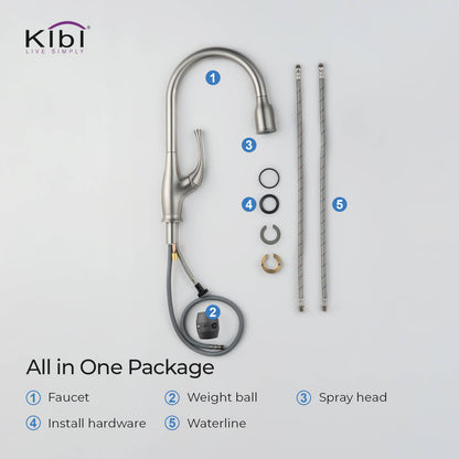 Kibi Cedar Single Handle High Arc Pull Down Kitchen Faucet With Soap Dispenser in Brushed Nickel Finish - C-KKF2010BN-KSD101BN