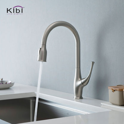 Kibi Cedar Single Handle High Arc Pull Down Kitchen Faucet With Soap Dispenser in Brushed Nickel Finish - C-KKF2010BN-KSD101BN