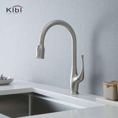 Kibi Cedar Single Handle High Arc Pull Down Kitchen Faucet With Soap Dispenser in Brushed Nickel Finish - C-KKF2010BN-KSD101BN