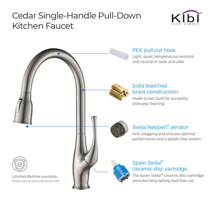 Kibi Cedar Single Handle High Arc Pull Down Kitchen Faucet With Soap Dispenser in Brushed Nickel Finish - C-KKF2010BN-KSD101BN