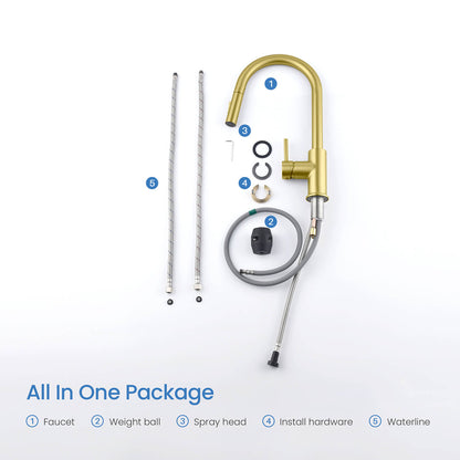 Kibi Circular Single Handle Pull Down Kitchen Faucet in Brushed Gold Finish - KKF2013BG