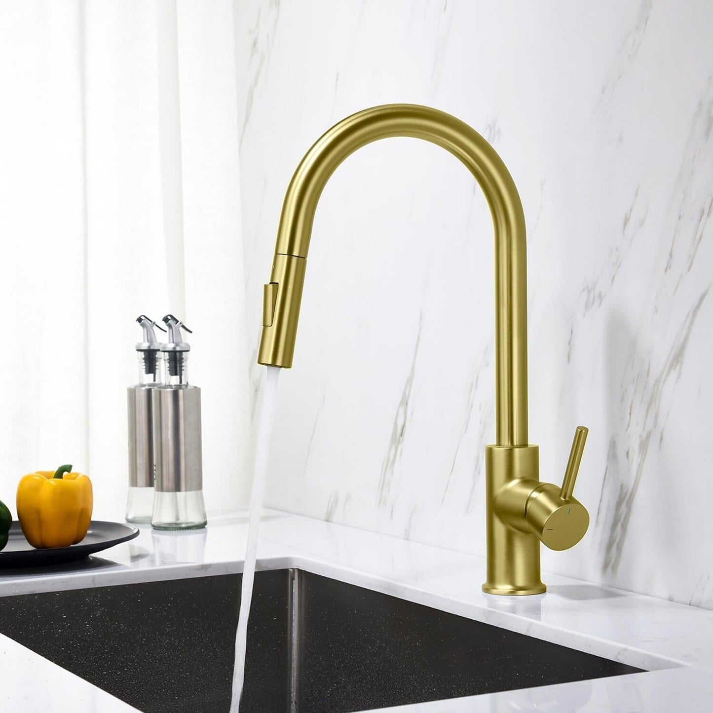 Kibi Circular Single Handle Pull Down Kitchen Faucet in Brushed Gold Finish - KKF2013BG