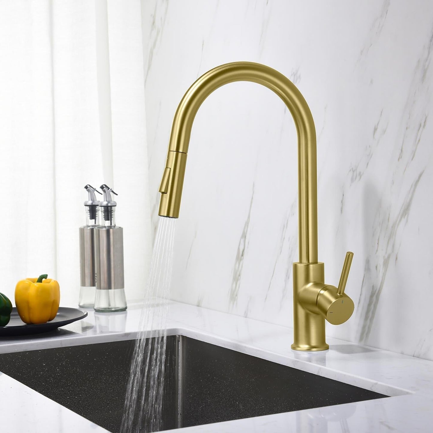 Kibi Circular Single Handle Pull Down Kitchen Faucet in Brushed Gold Finish - KKF2013BG