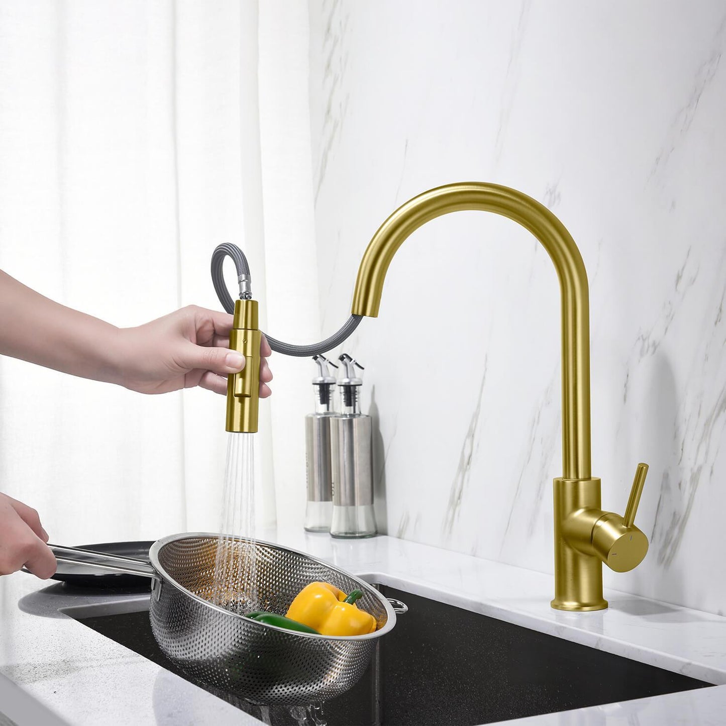 Kibi Circular Single Handle Pull Down Kitchen Faucet in Brushed Gold Finish - KKF2013BG
