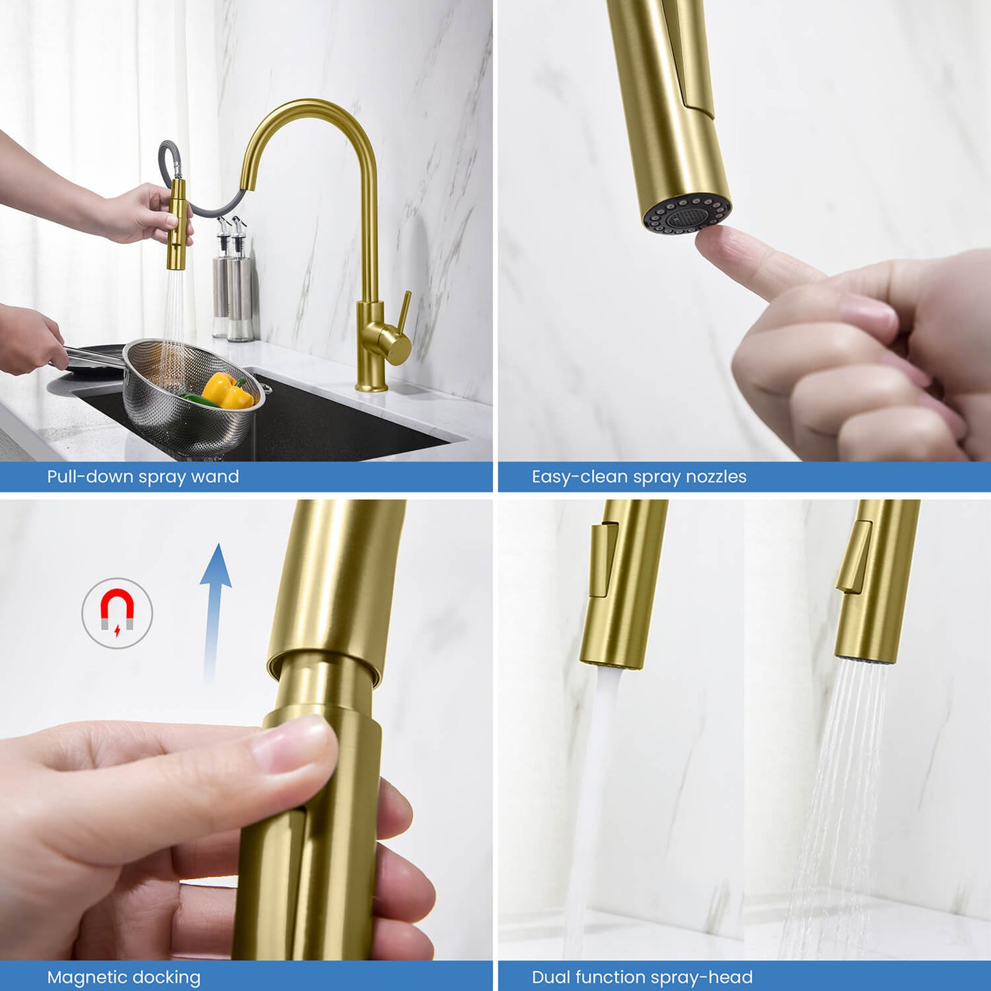 Kibi Circular Single Handle Pull Down Kitchen Faucet in Brushed Gold Finish - KKF2013BG