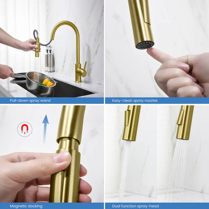 Kibi Circular Single Handle Pull Down Kitchen Faucet in Brushed Gold Finish - KKF2013BG