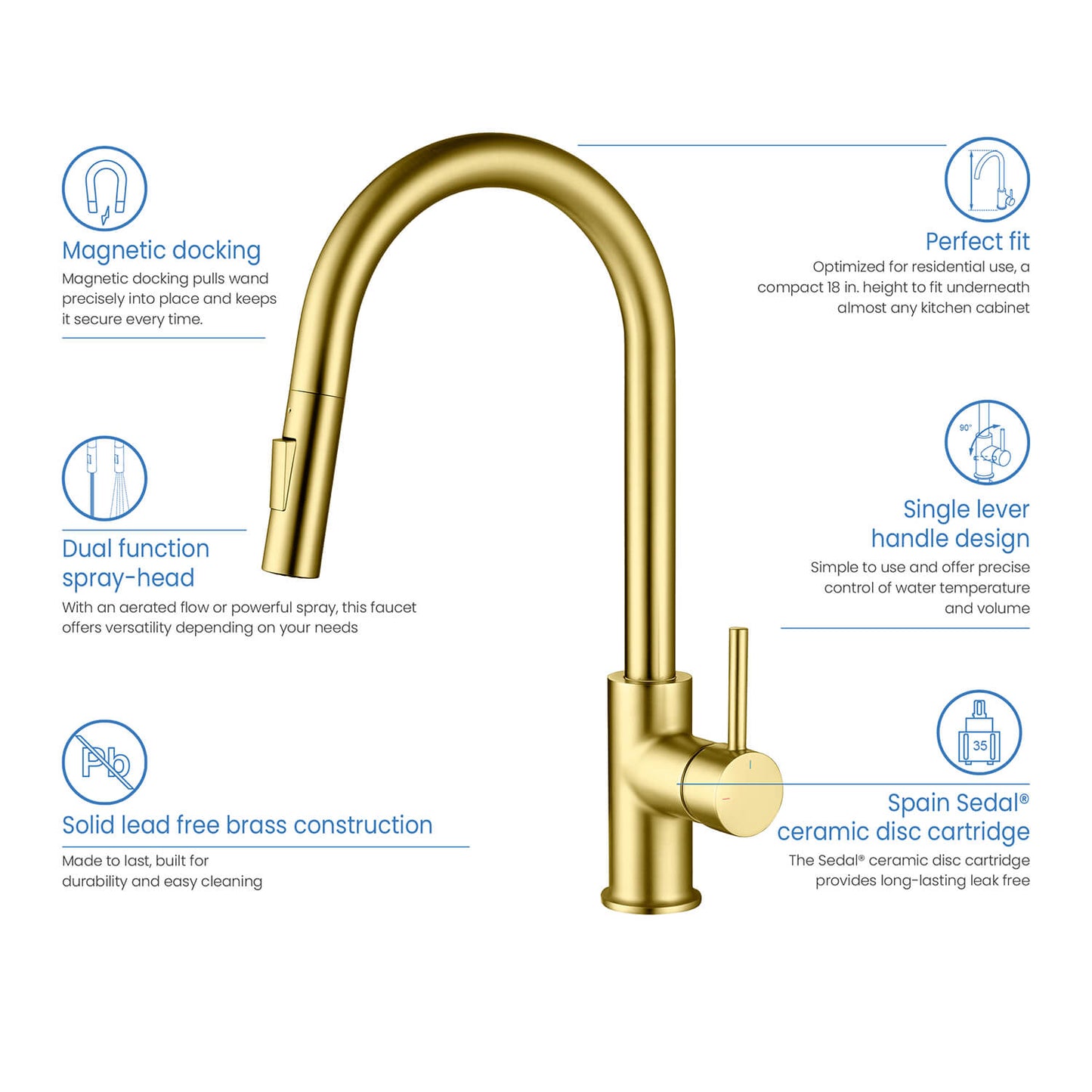 Kibi Circular Single Handle Pull Down Kitchen Faucet in Brushed Gold Finish - KKF2013BG