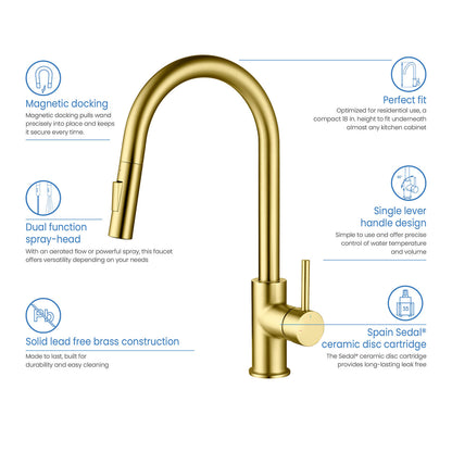 Kibi Circular Single Handle Pull Down Kitchen Faucet in Brushed Gold Finish - KKF2013BG
