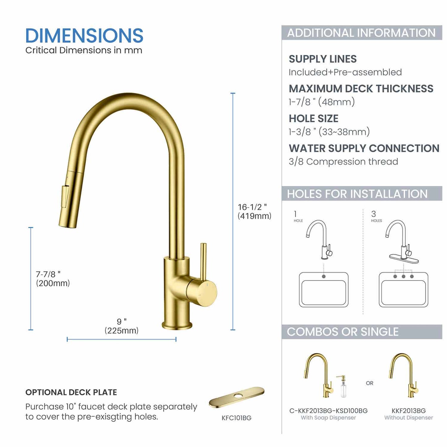 Kibi Circular Single Handle Pull Down Kitchen Faucet in Brushed Gold Finish - KKF2013BG