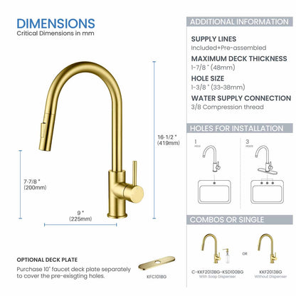 Kibi Circular Single Handle Pull Down Kitchen Faucet in Brushed Gold Finish - KKF2013BG