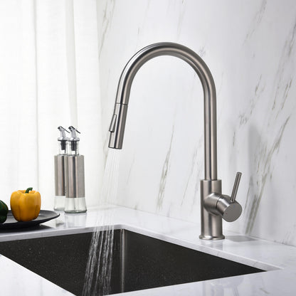 Kibi Circular Single Handle Pull Down Kitchen Faucet in Brushed Nickel Finish - KKF2013BN