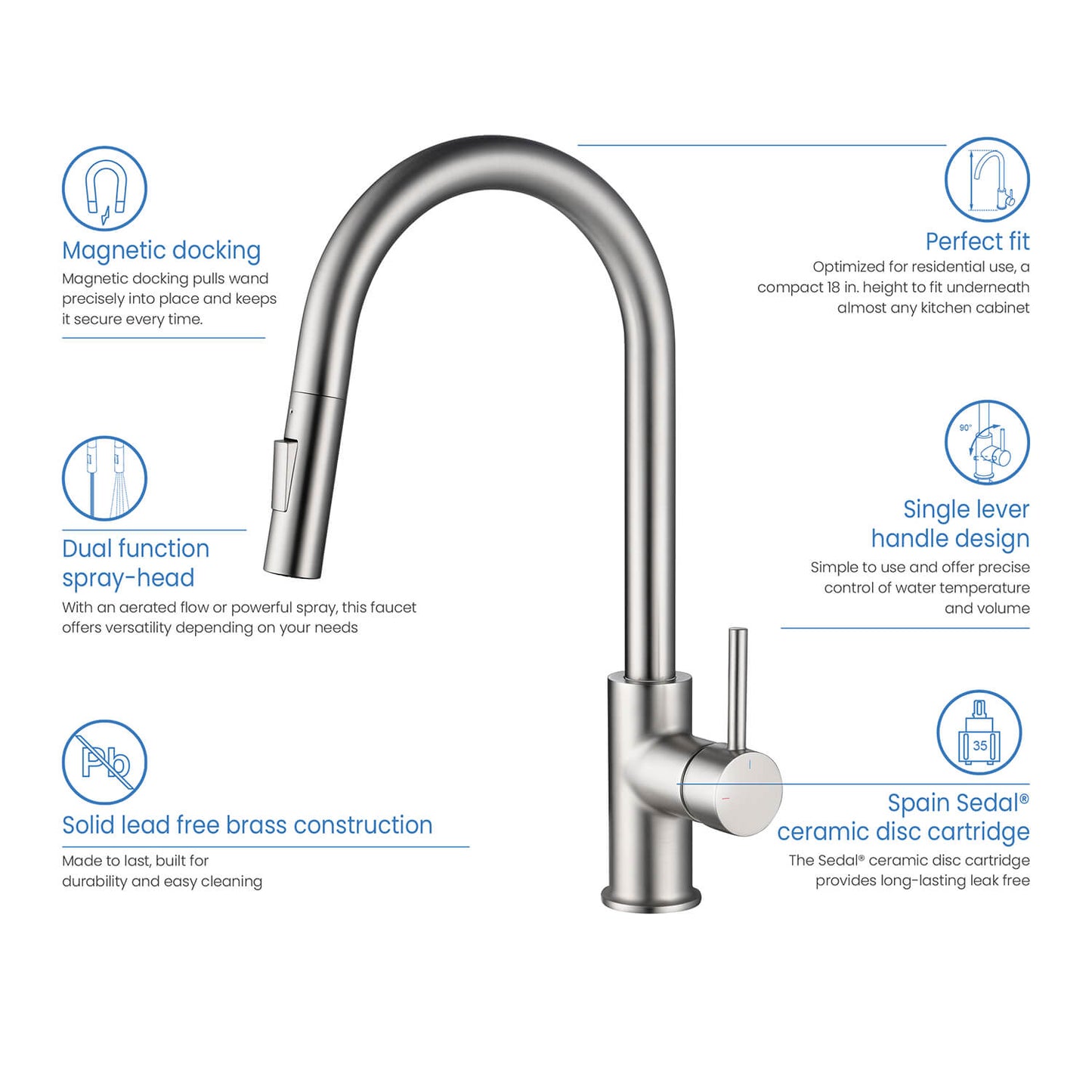 Kibi Circular Single Handle Pull Down Kitchen Faucet in Brushed Nickel Finish - KKF2013BN