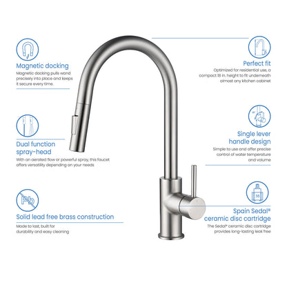 Kibi Circular Single Handle Pull Down Kitchen Faucet in Brushed Nickel Finish - KKF2013BN