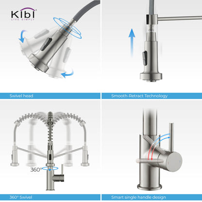 Kibi Lodi Single Handle High Arc Pull Down Kitchen Faucet IN Brushed Nickel Finish - KKF2004BN