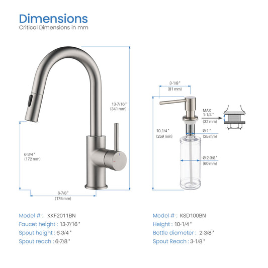Kibi Luxe Single Handle High Arc Pull Down Kitchen Faucet With Soap Dispenser in Brushed Nickel Finish - C-KKF2011BN-KSD100BN