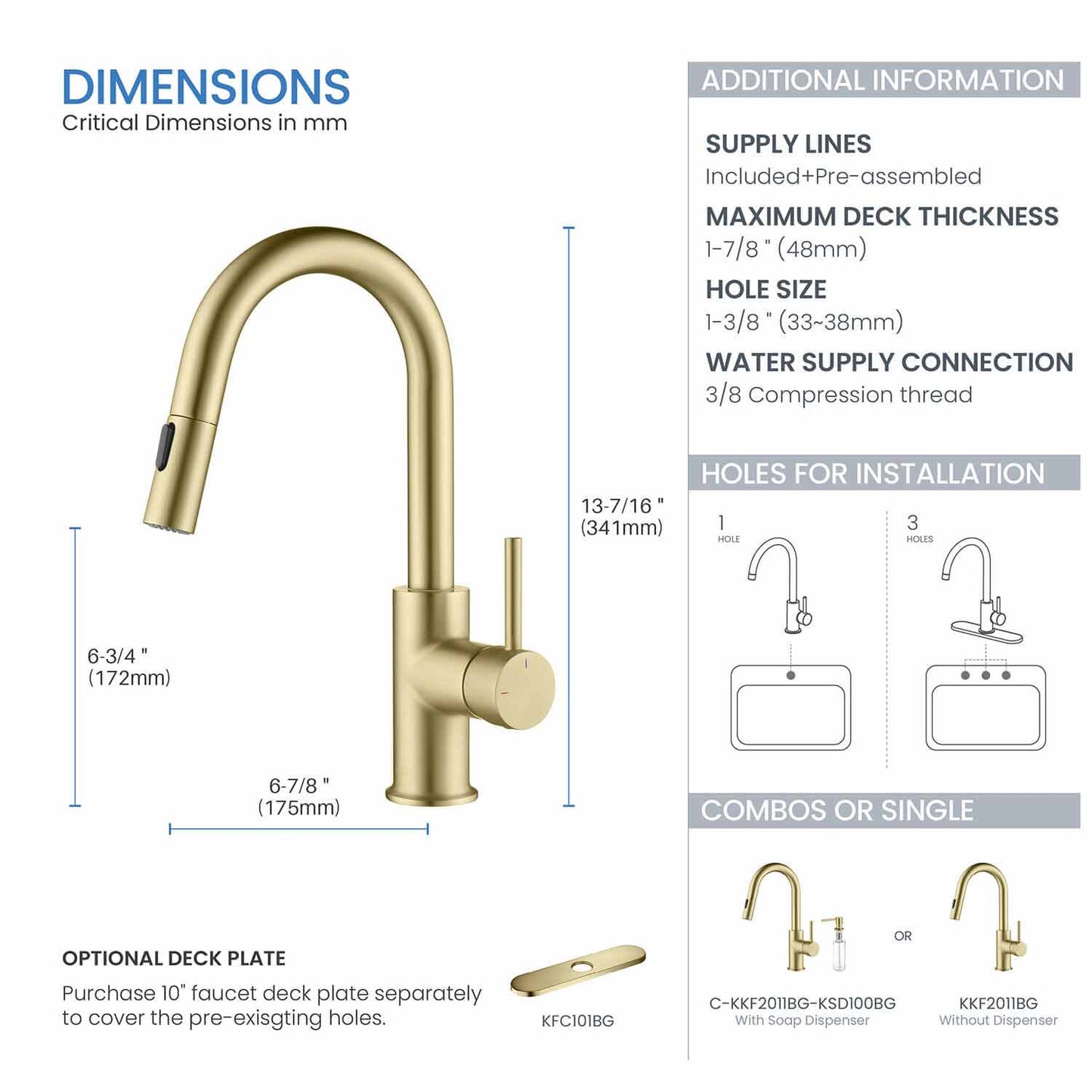 Kibi Luxe Single Handle High Arc Pull Down Kitchen Faucet in Brushed Gold Finish - KKF2011BG