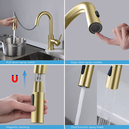 Kibi Luxe Single Handle High Arc Pull Down Kitchen Faucet in Brushed Gold Finish - KKF2011BG