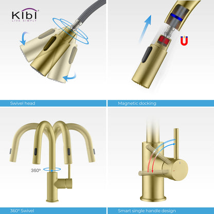 Kibi Luxe Single Handle High Arc Pull Down Kitchen Faucet in Brushed Gold Finish - KKF2011BG