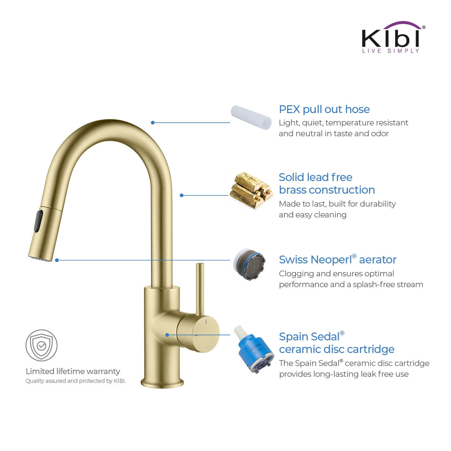 Kibi Luxe Single Handle High Arc Pull Down Kitchen Faucet in Brushed Gold Finish - KKF2011BG