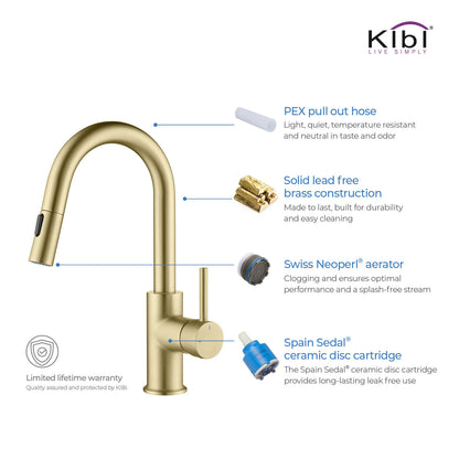 Kibi Luxe Single Handle High Arc Pull Down Kitchen Faucet in Brushed Gold Finish - KKF2011BG