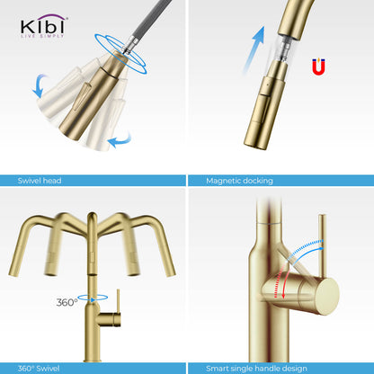 Kibi Macon Single Handle High Arc Pull Down Kitchen Faucet in Brushed Gold Finish - KKF2007BG