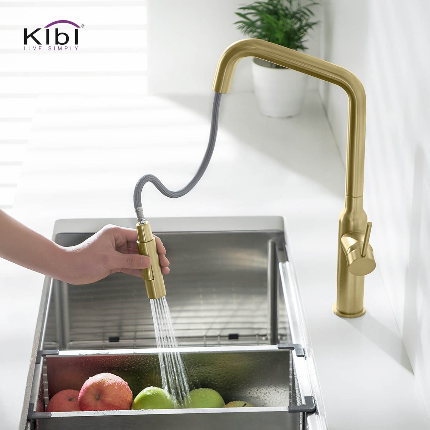 Kibi Macon Single Handle High Arc Pull Down Kitchen Faucet in Brushed Gold Finish - KKF2007BG