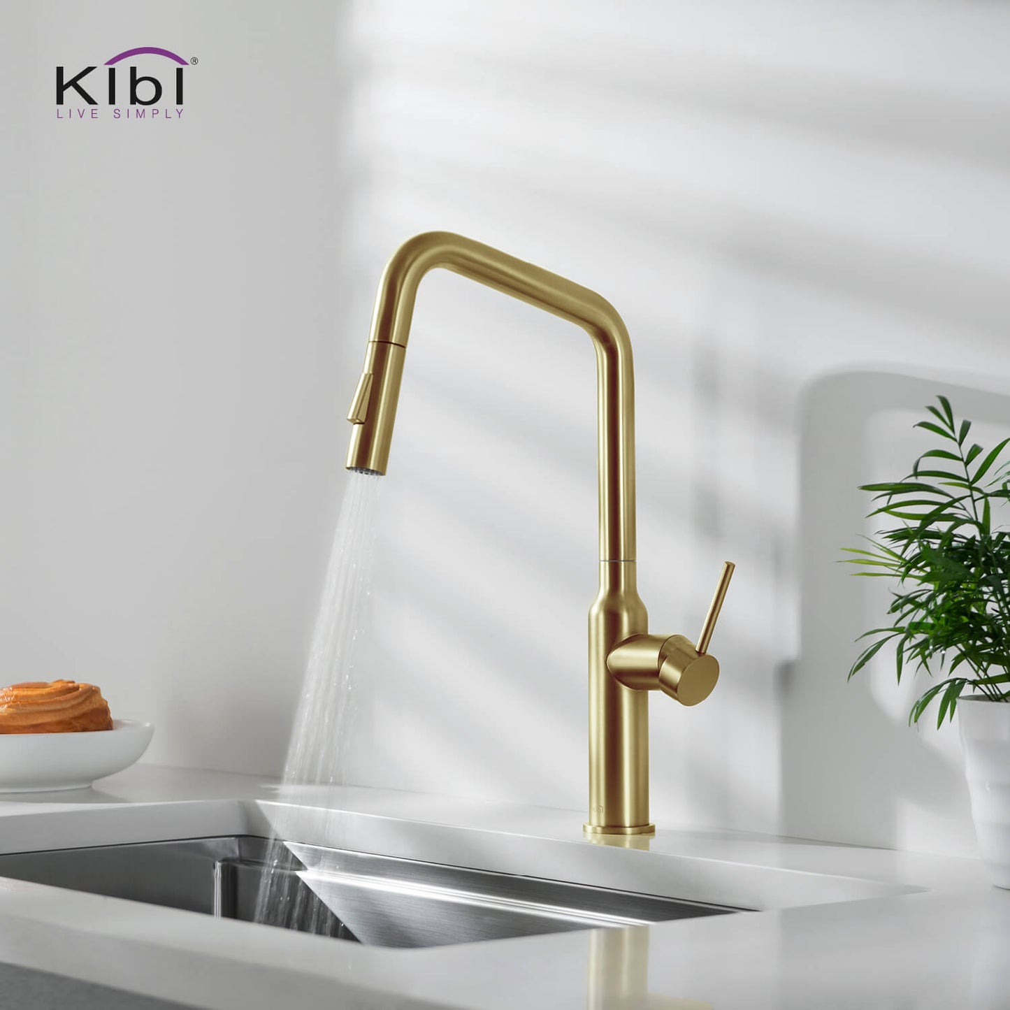 Kibi Macon Single Handle High Arc Pull Down Kitchen Faucet in Brushed Gold Finish - KKF2007BG