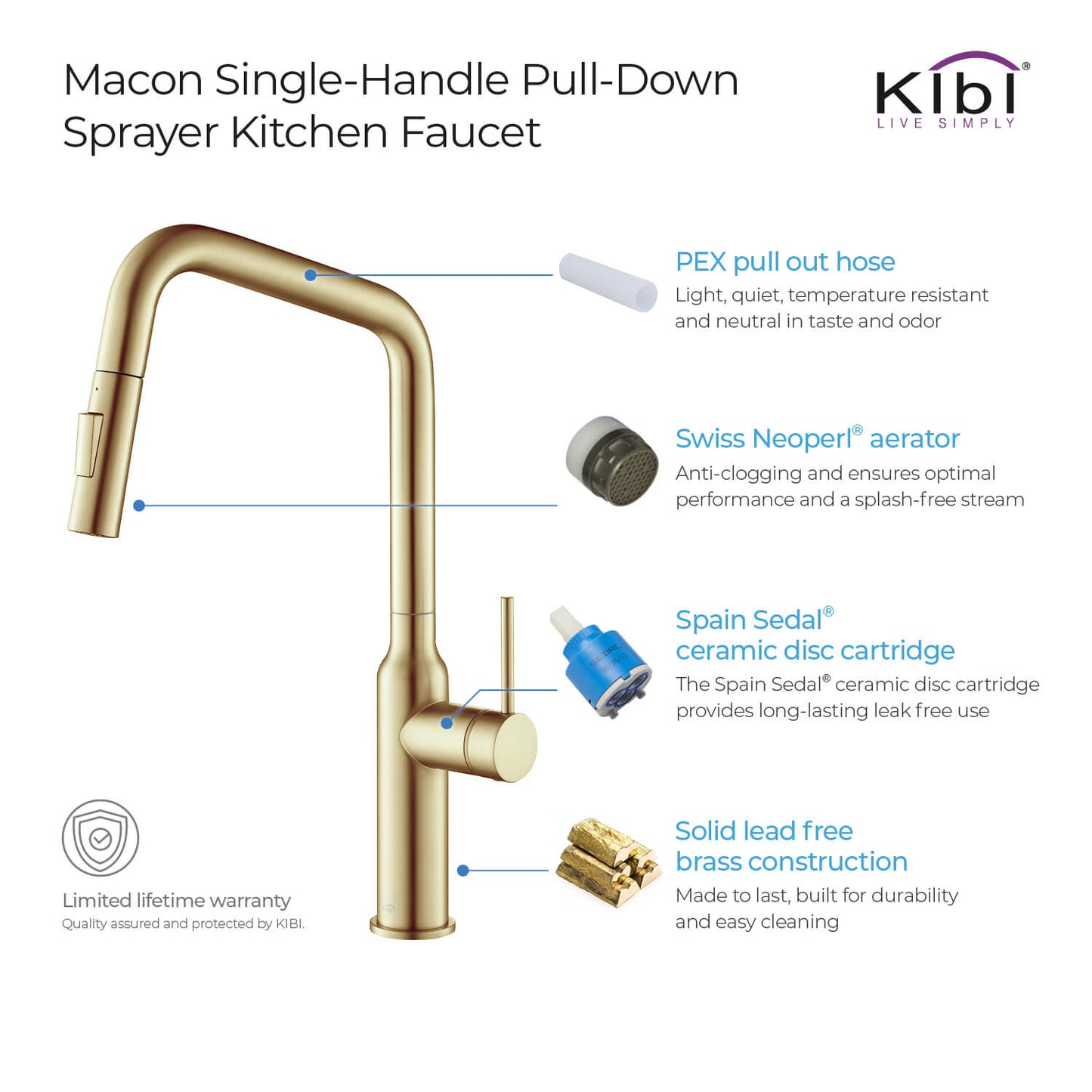 Kibi Macon Single Handle High Arc Pull Down Kitchen Faucet in Brushed Gold Finish - KKF2007BG