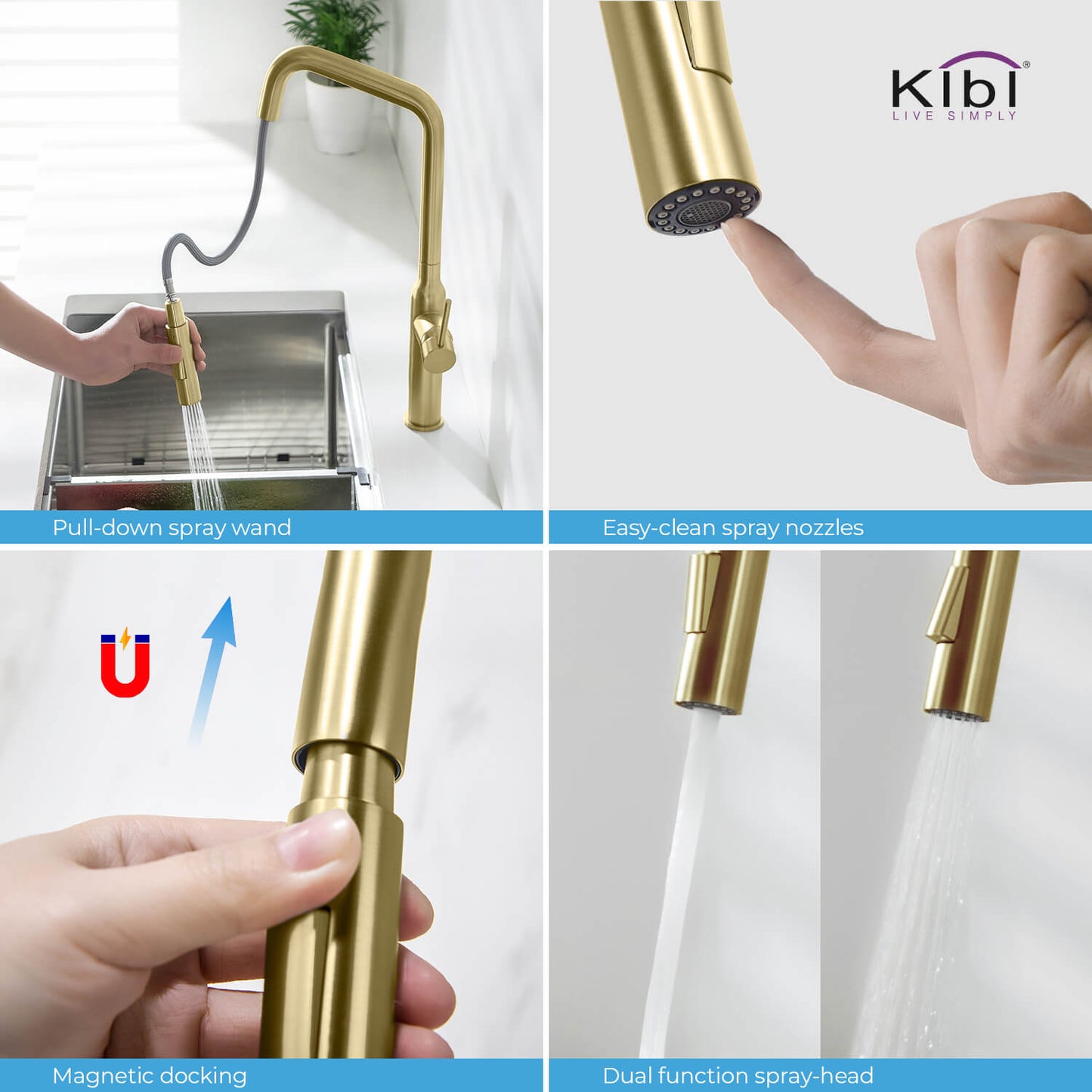 Kibi Macon Single Handle High Arc Pull Down Kitchen Faucet in Brushed Gold Finish - KKF2007BG
