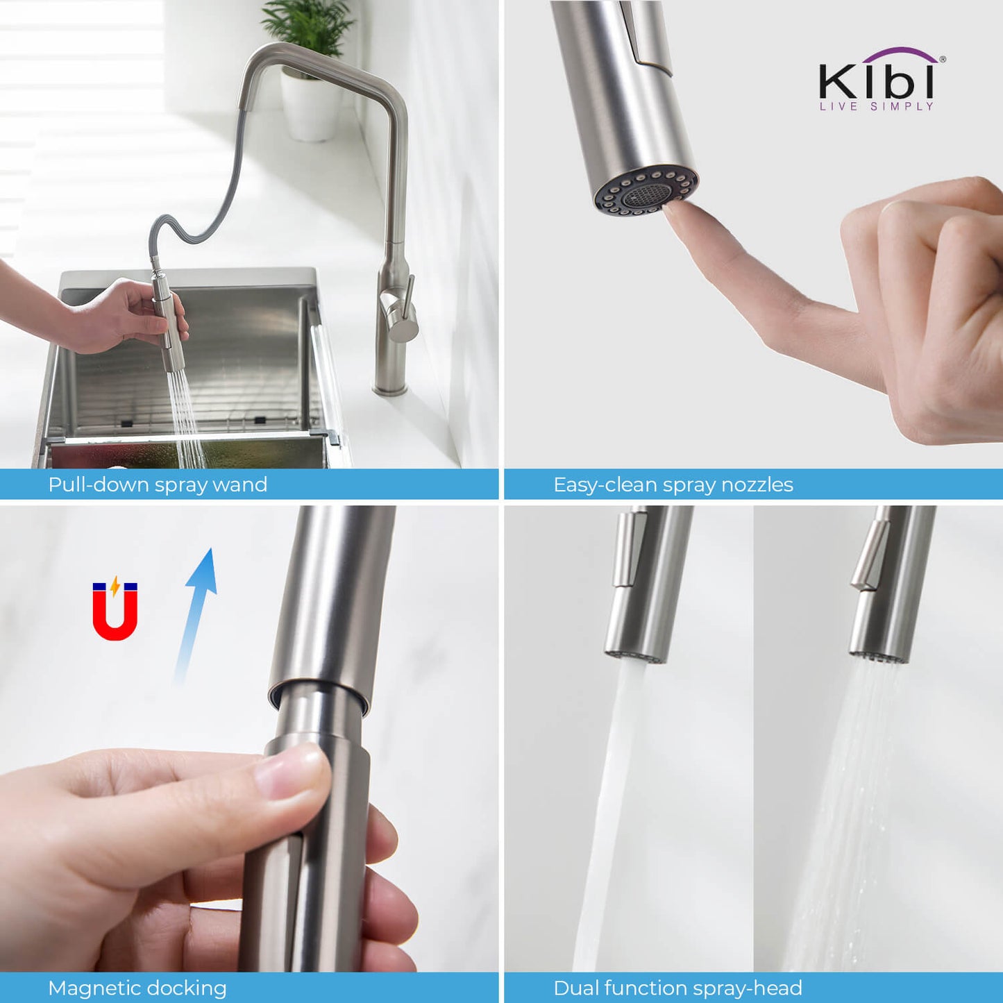 Kibi Macon Single Handle High Arc Pull Down Kitchen Faucet in Brushed Nickel Finish - KKF2007BN