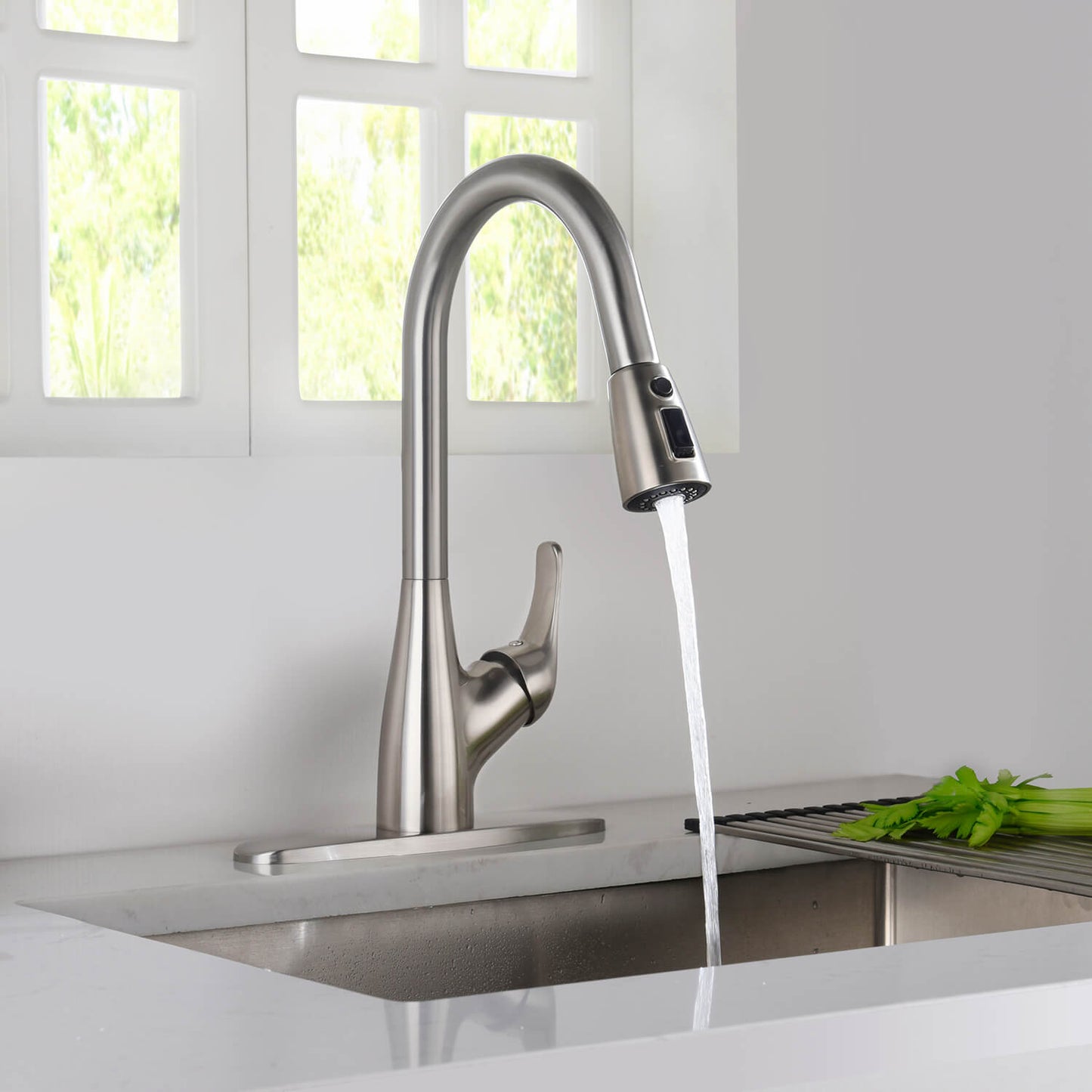 Kibi Single Handle Pull Down Kitchen Faucet In Brushed Nickel Finish - F101BN