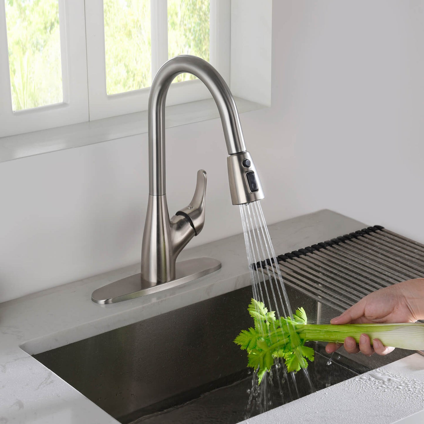 Kibi Single Handle Pull Down Kitchen Faucet In Brushed Nickel Finish - F101BN