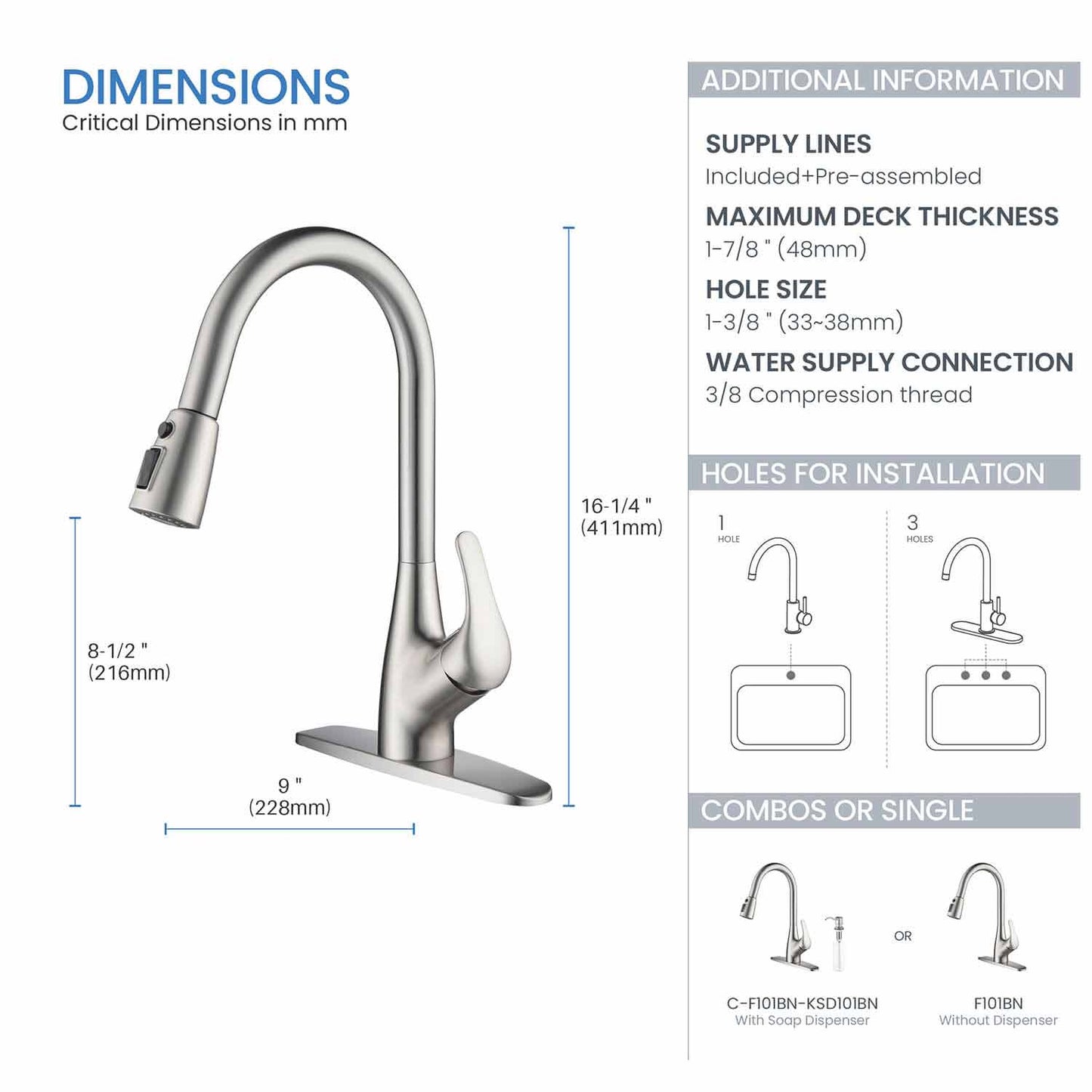 Kibi Single Handle Pull Down Kitchen Faucet In Brushed Nickel Finish - F101BN