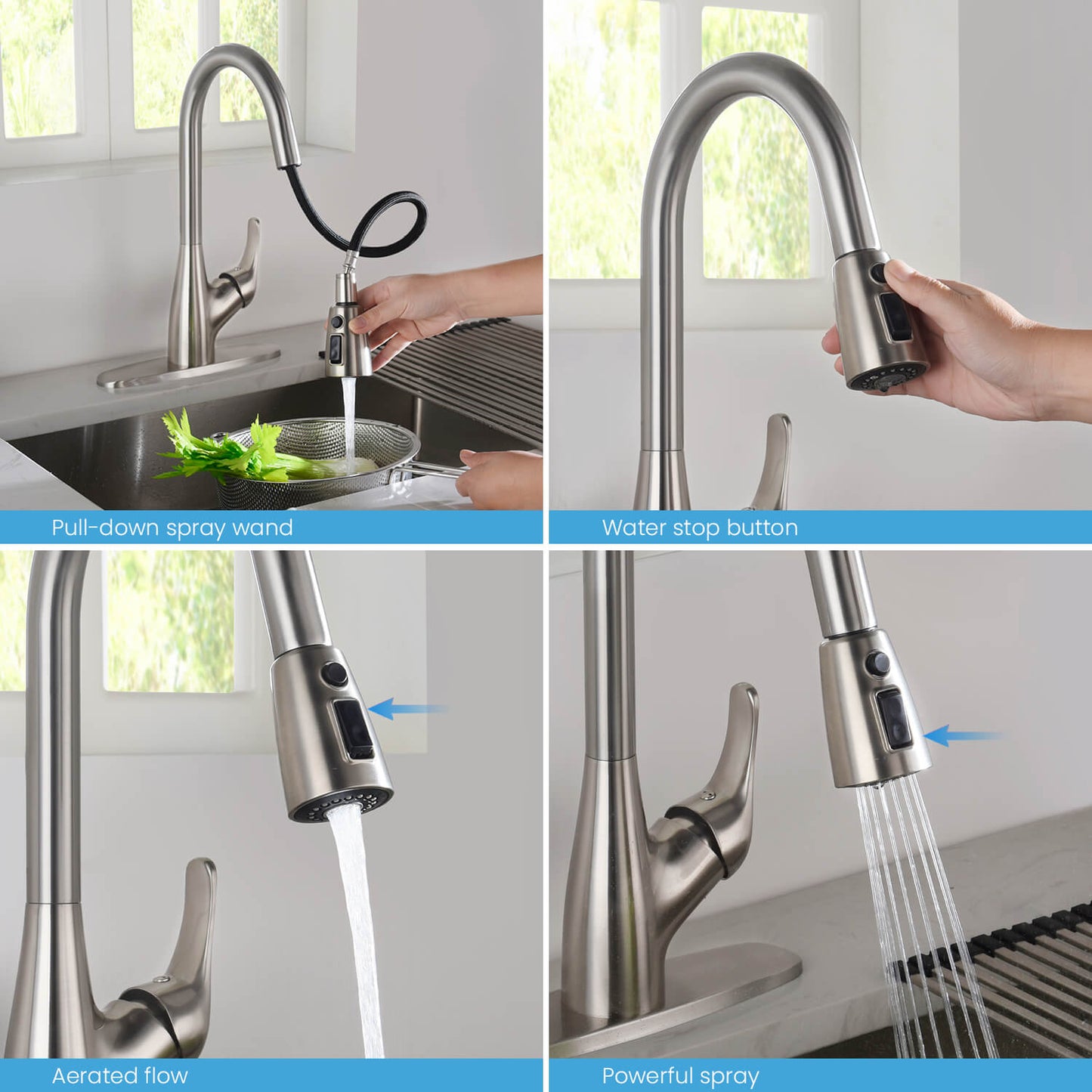 Kibi Single Handle Pull Down Kitchen Faucet In Brushed Nickel Finish - F101BN