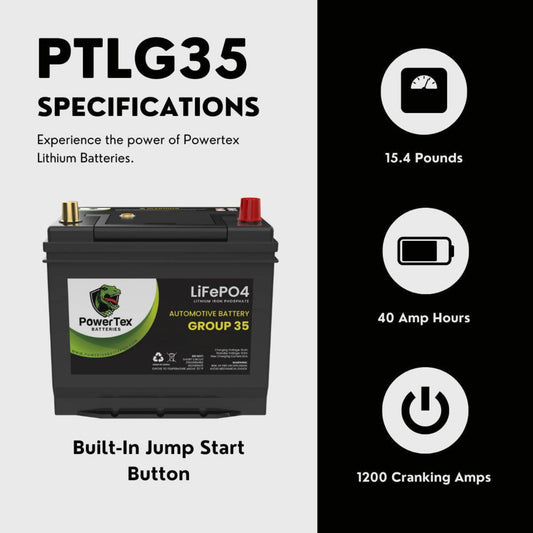 PowerTex 2016 Subaru Crosstrek Car Battery BCI Group 35 / Q85 Lithium LiFePO4 Automotive Battery - PTLG35-382