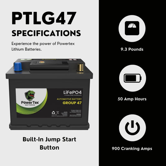 PowerTex 2004 Mini Cooper Car Battery BCI Group 47 H5 Lithium LiFePO4 Replacement Automotive Battery - PTLG47-465