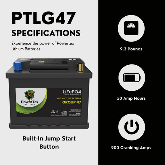 PowerTex 2021 Volkswagen Tiguan L4 2.0LReplacement Car Battery BCI Group 47 Lithium LiFePO4 Automotive Powertex Battery - PTLG47-091
