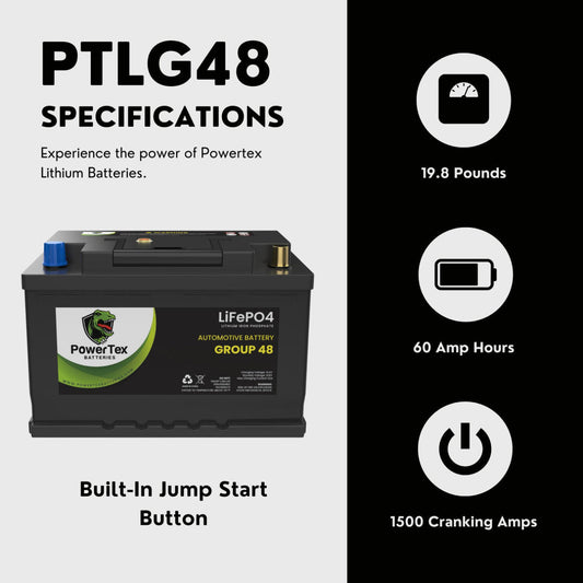 PowerTex 2022 Lexus NX250 L4 2.5L Replacement Car Battery BCI Group 48 Lithium LiFePO4 Automotive Powertex Battery - PTLG48-0398