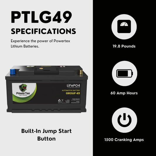 PowerTex b2017 Aston Martin Vanquish Car Battery BCI Group 49 / H8 Replacement Lithium LiFePO4 Automotive Battery - PTLG49-8