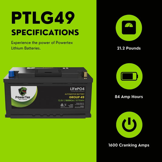 PowerTex 2016 Aston Martin DB9 Car Batteries BCI Group 49 / H8 Lithium LiFePO4 Automotive Battery - PTLG49-9