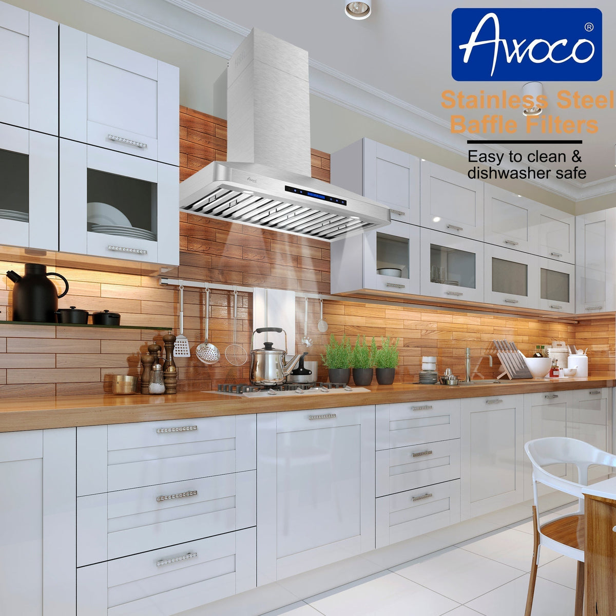 Awoco RH-WT Wall Mount Stainless Steel Range Hood, 4 Speeds, 6” Round Top Vent, 900CFM, 2 LED Lights, with Remote Control - RH-WT-30