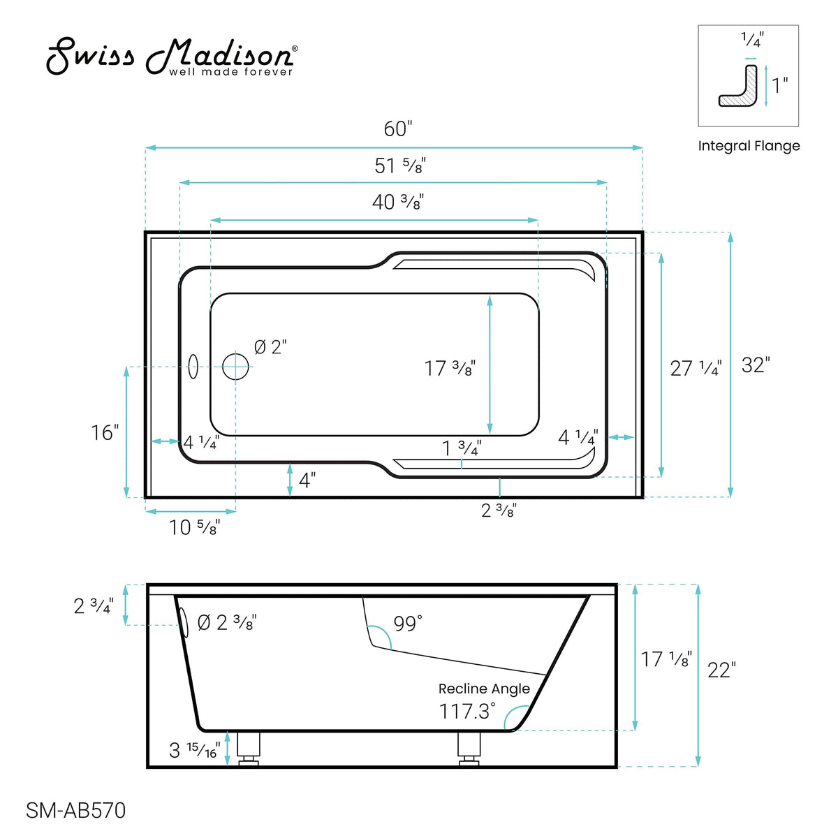 Swiss Madison Claire 60" x 32" Left-Hand Drain Drain Alcove Tub with Corner Apron - SM-AB570 - Backyard Provider
