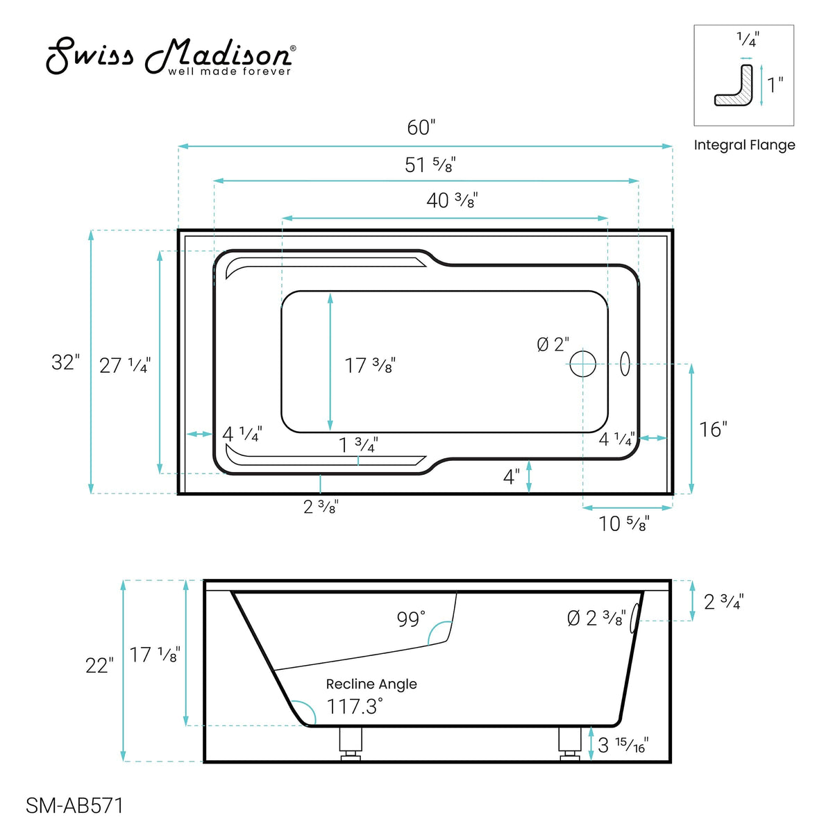 Swiss Madison Claire 60" x 32" Right-Hand Drain Drain Alcove Tub with Corner Apron - SM-AB571 - Backyard Provider