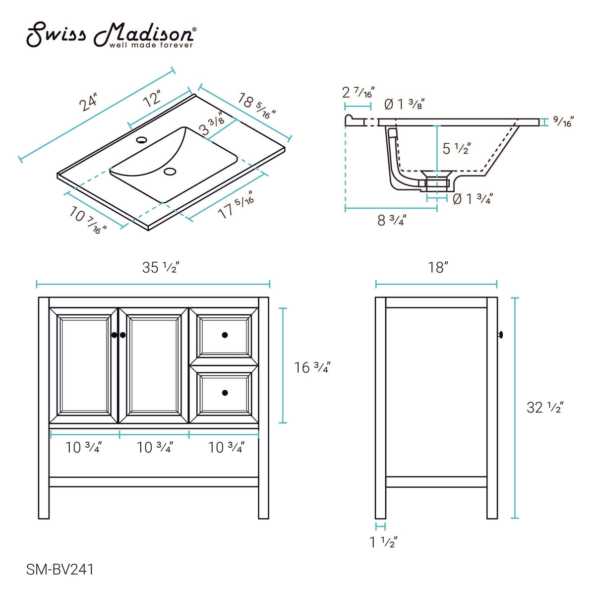 Swiss Madison Château 36" Bathroom Vanity in Natural Oak - SM-BV241 - Backyard Provider