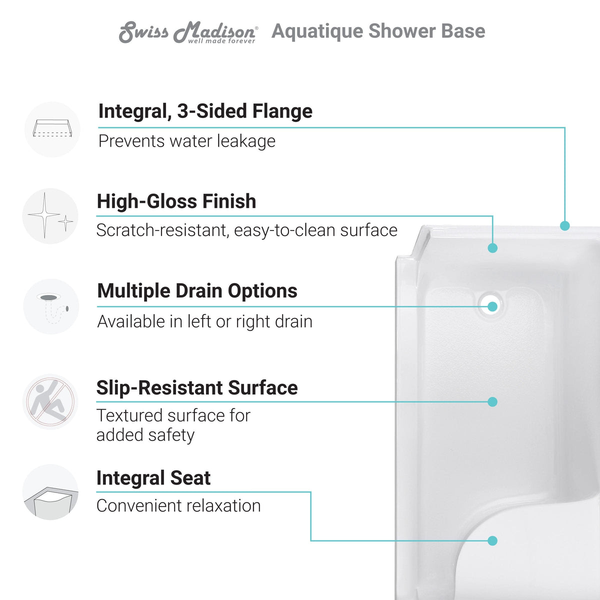 Swiss Madison Aquatique 60" x 32" Right Drain, Shower Base - SM-SB538W - Backyard Provider