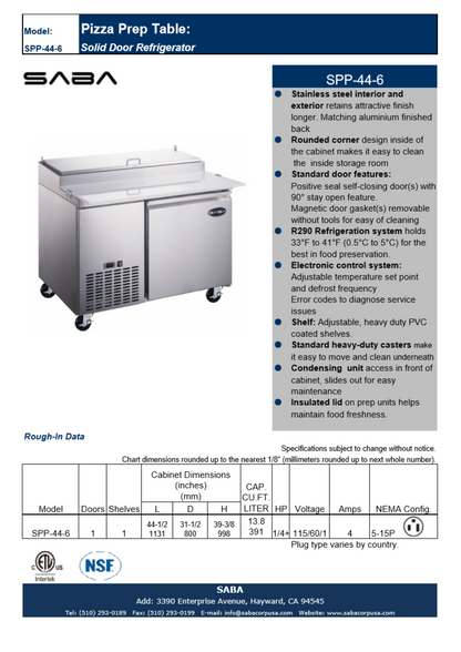 SABA SPP-44-6 - 44" One Door Commercial Pizza Prep Table with 6 Pans